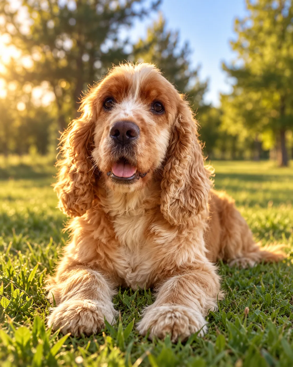 Pipo, cocker de pelo dourado, deitado na grama ao sol (imagem gerada por IA a partir de fotos reais)